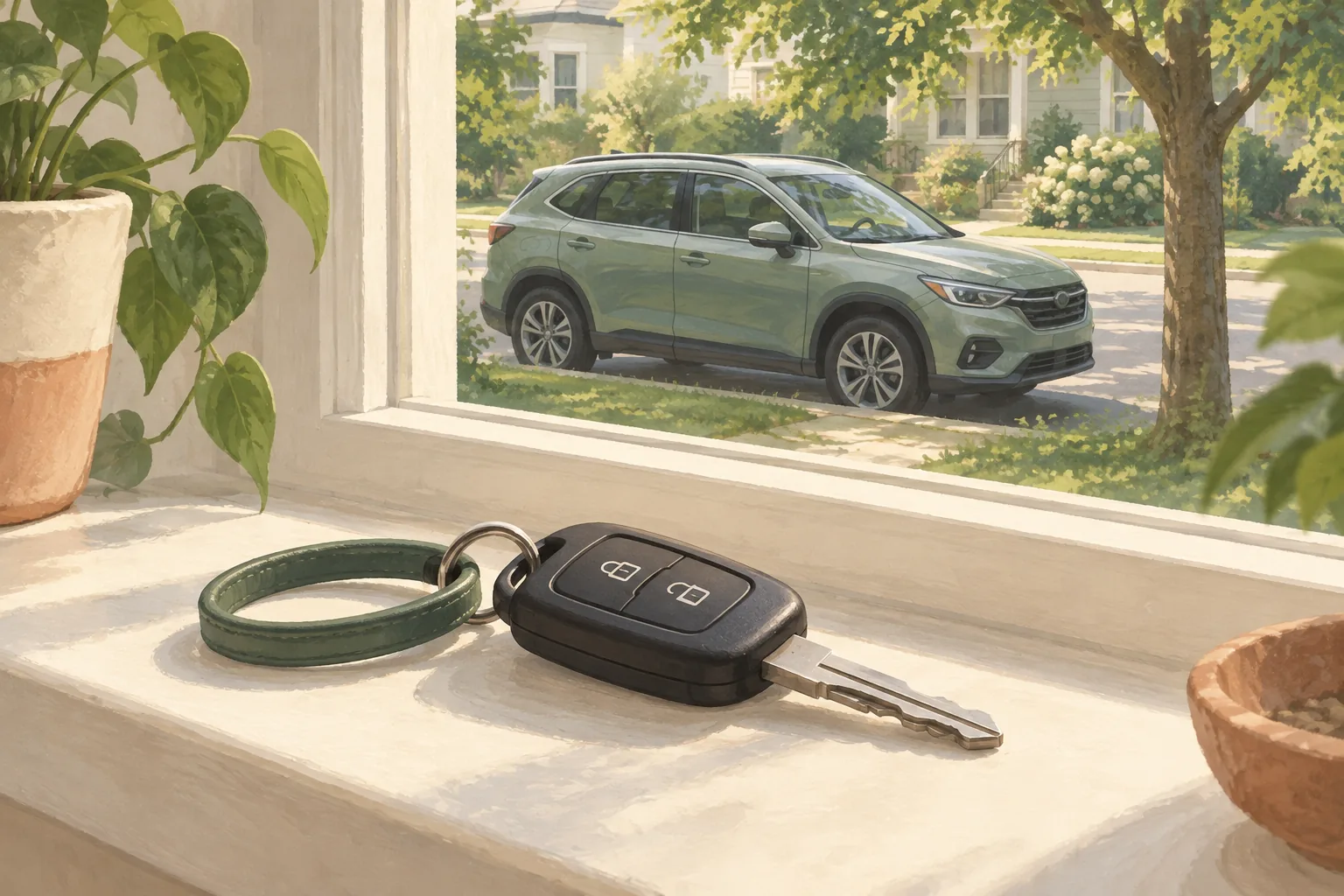 Illustration of car keys beside a window overlooking a parked car